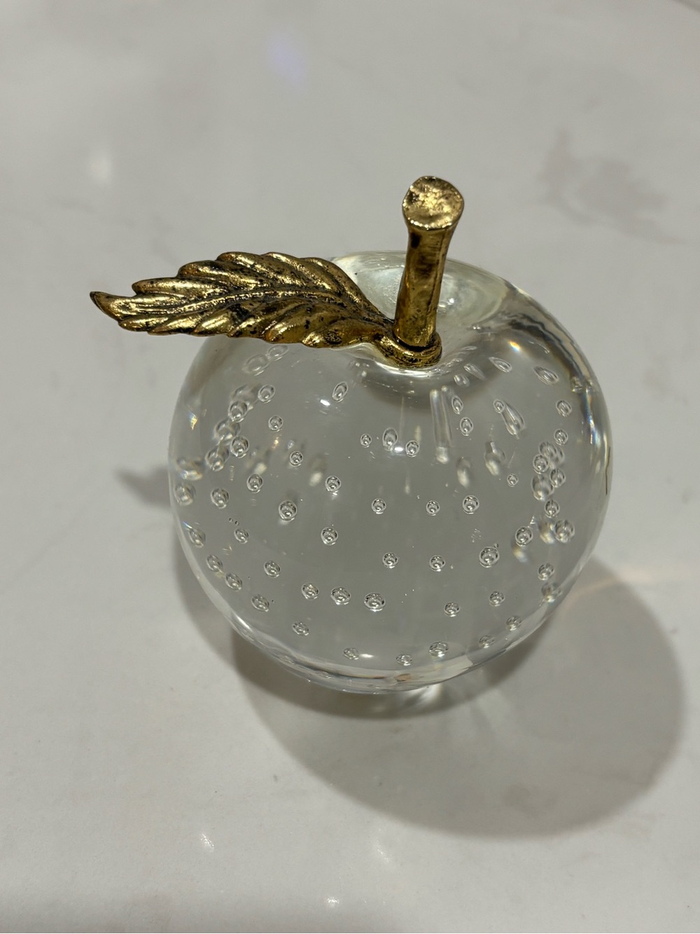 Vintage Clear Glass Bubble Apple Paperweight with Gold Brass Stem